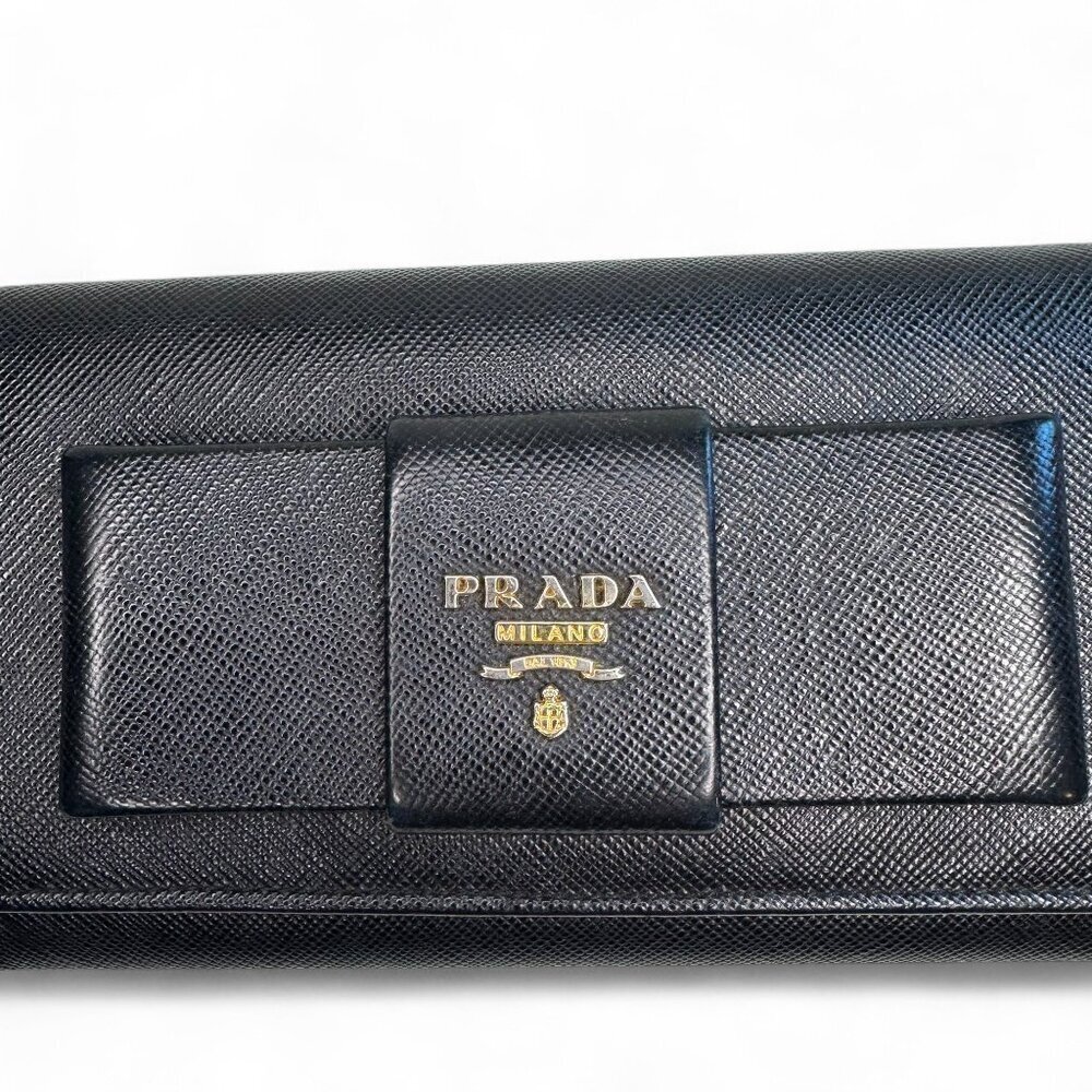 Prada Women's Long Saffiano Black Leather Bifold Ribbon Wallet - Picture 5 of 16